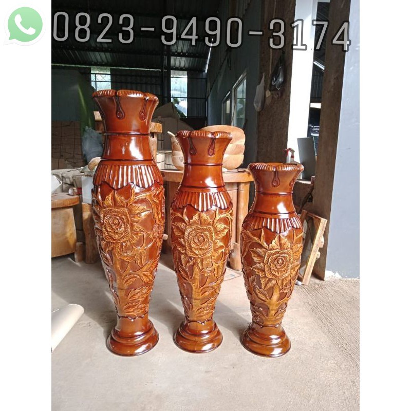 Vas bunga / vas bunga guci / Guci kayu ukir murah terbaru / guci kayu asli jepara / vas pelaminan