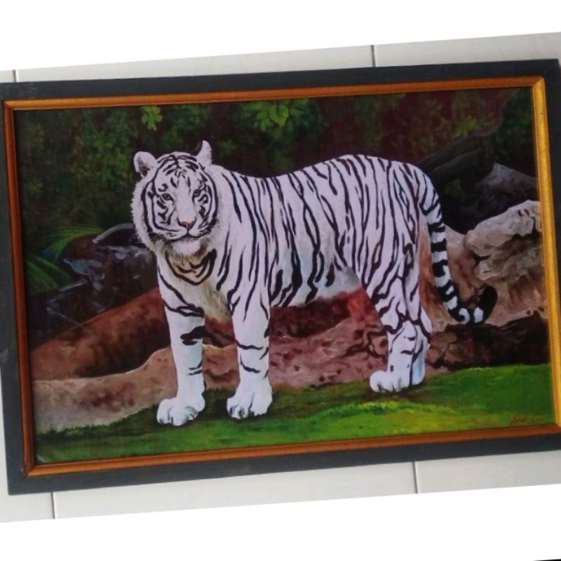 lukisan cetak macan putih plus bingkai uk 65x45
