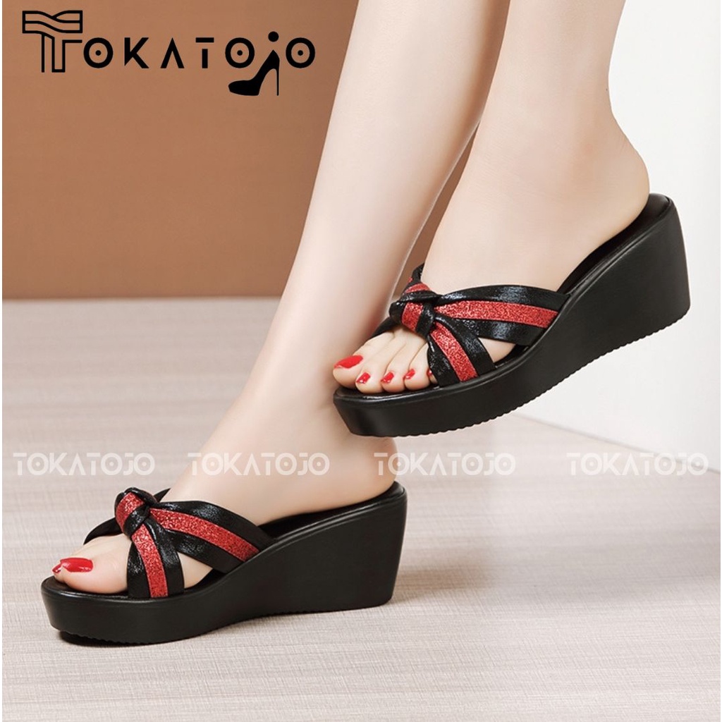 Sandal wanita kekinian 2022 terbaru Sandal wedges wanita new fashion korea 5 cm Sandal silang jambul terbaru