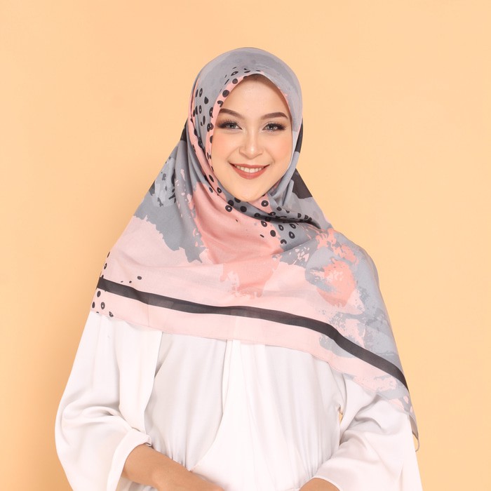 Hijab segi empat, motif biru muda, Jilbab bahan voal, premium, jatuh, design printing, nyaman dipaka