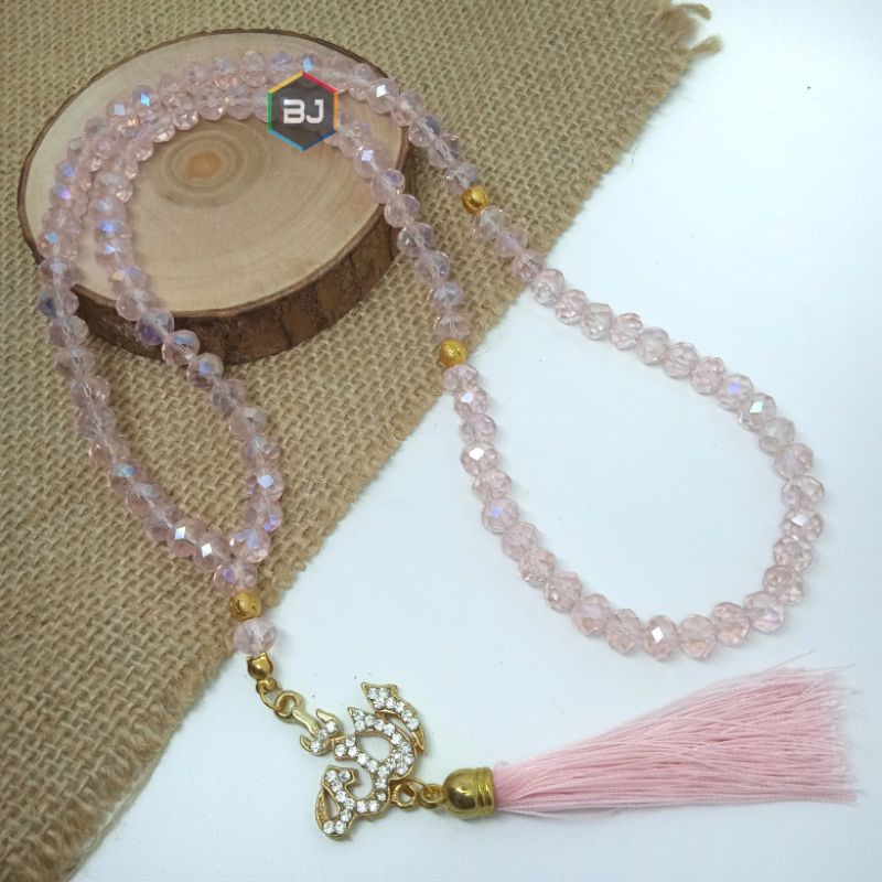 Jual TASBIH BATU KRISTAL PINK BENING LAFADZ ALLAH 99 BUTIR 8 MM