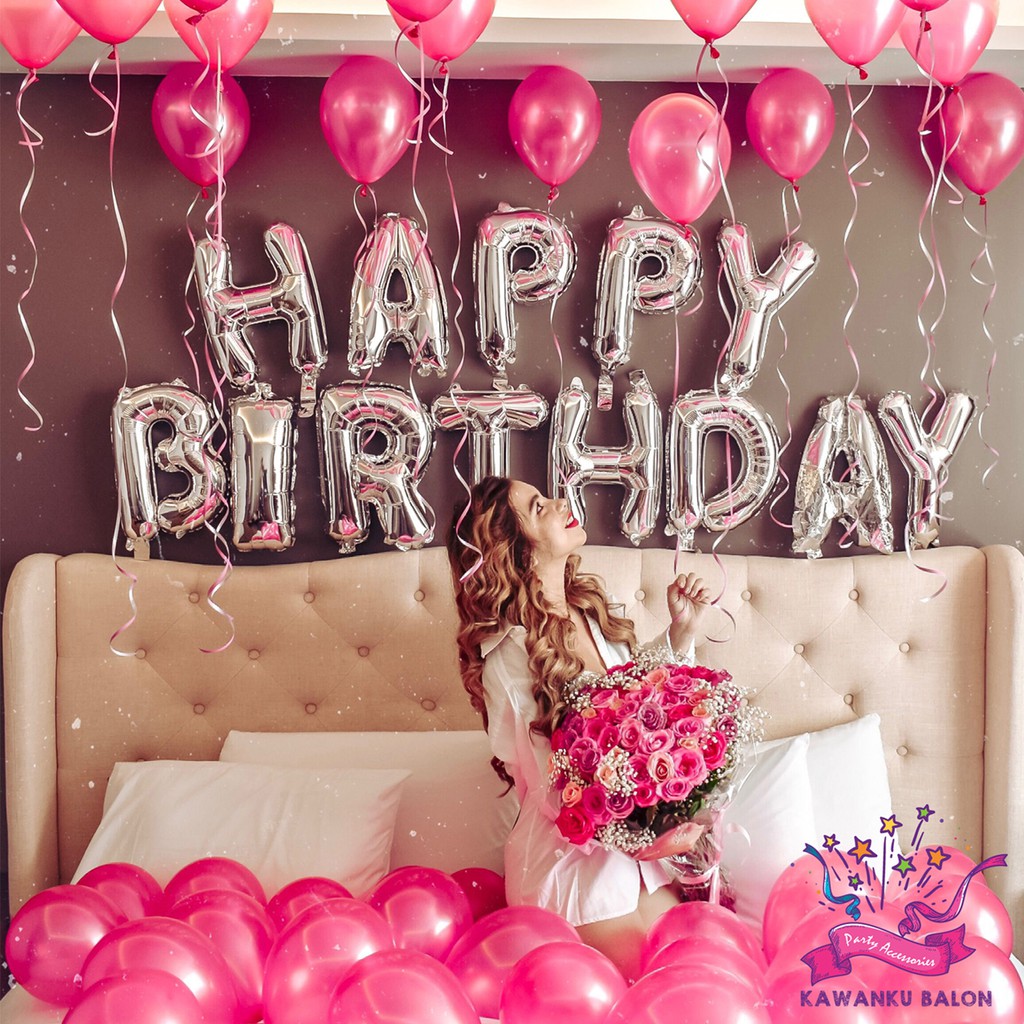 HAPPY BIRTHDAY DEKORASI PINK METALIK/PAKET ULTAH DEWASA/ANAK CEWE