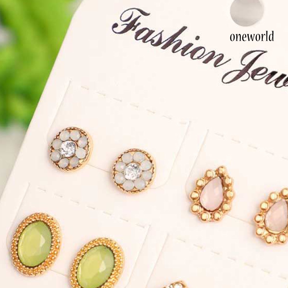 OW@ 6Pairs Fashion Women Water Drop Flower Rhinestone Faux Opal Ear Studs Earrings