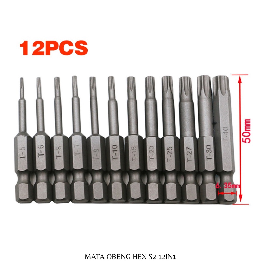 MATA OBENG TORX BITS SET MAGNETIC HEX SHANK S2 1/4 ISI 12PC