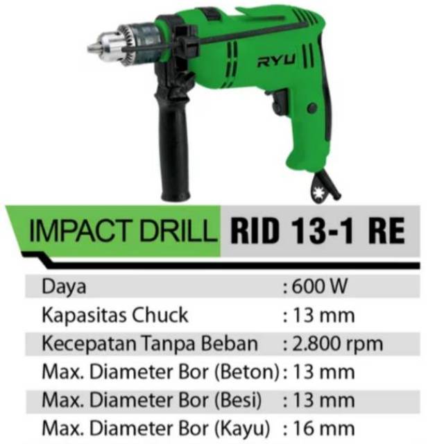 RYU RID 13-1 RE Mesin Bor Beton 13 mm Impact Drill Variable Speed Bolak Balik Mesin Bor Tembok Besi Tembok 13mm MURAH ORIGINAL BERGARANSI