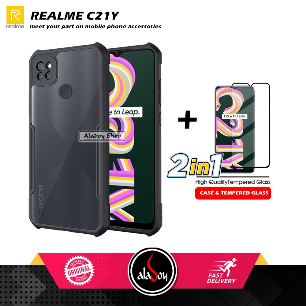 PAKET 2 IN 1 Case Realme C21Y Armor Fusion Transparent Prmium Casing Free Tempered Glass