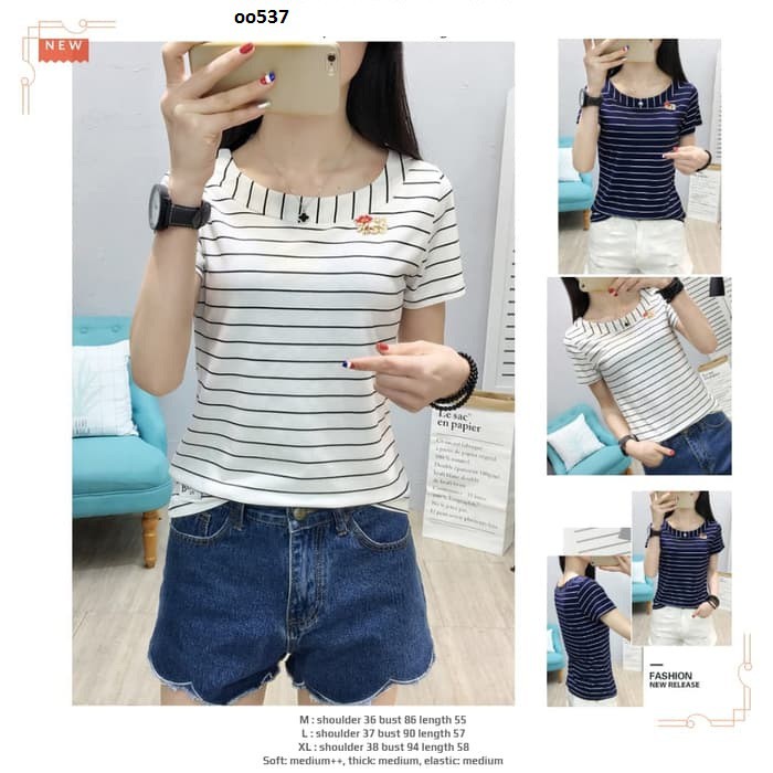 oo537- baju atasan wanita kaos import garis putih-hitam