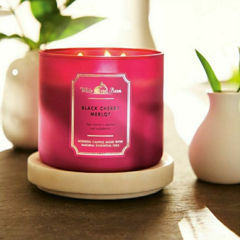 BATH &amp; BODY WORKS BBW BLACK CHERRY MERLOT 3-WICK SCENTED CANDLE 411 G LILIN WANGI 3 SUMBU UKURAN BESAR PENGHARUM RUANGAN