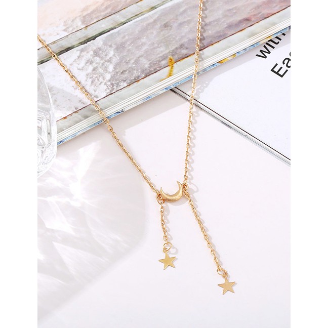 LRC Kalung Fashion Gold Coloren Moon And Five-pointed Star Pendant P25097