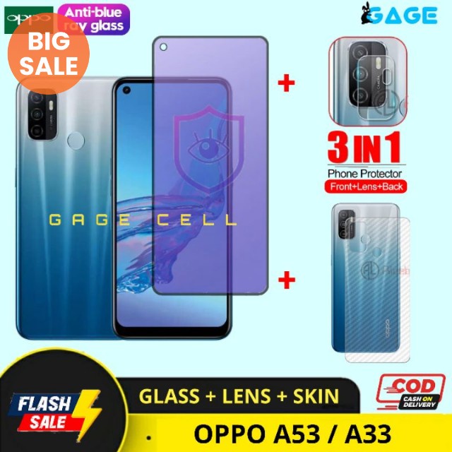 PAKET 3 IN 1 TEMPERED GLASS ANTI RADIASI BLUE LIGHT OPPO A53 A33 FULL LAYAR SCREEN GUARD