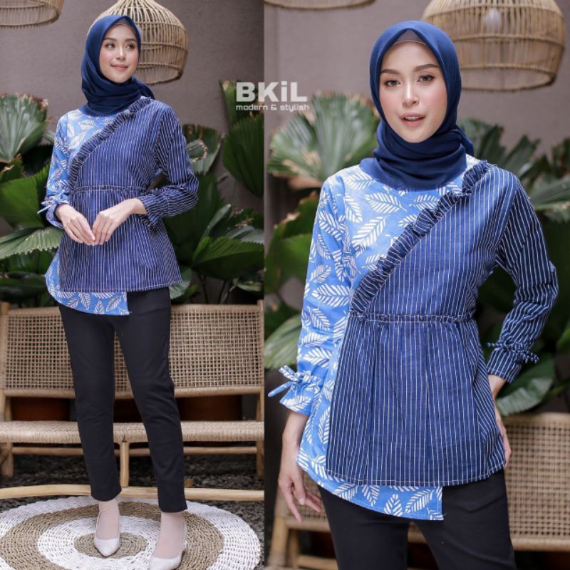 tey-17 Batik wanita ASJ SA HRB026 Kenongo Kemeja Tosca Pendek-S. Daun navy