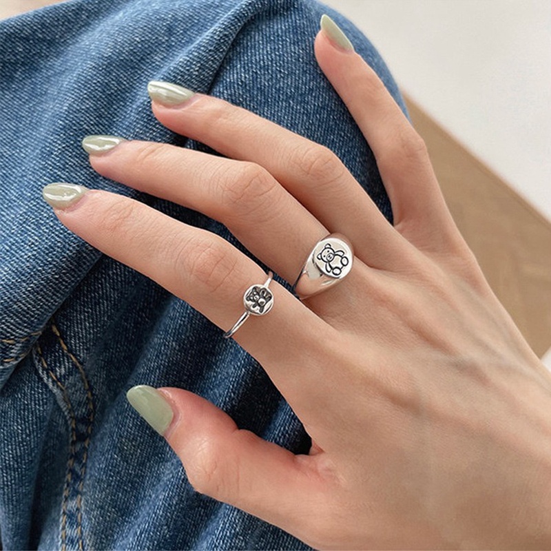 Cincin Model Terbuka Desain Kartun Hewan Beruang Warna silver Gaya Korea Minimalis Untuk Pelajar