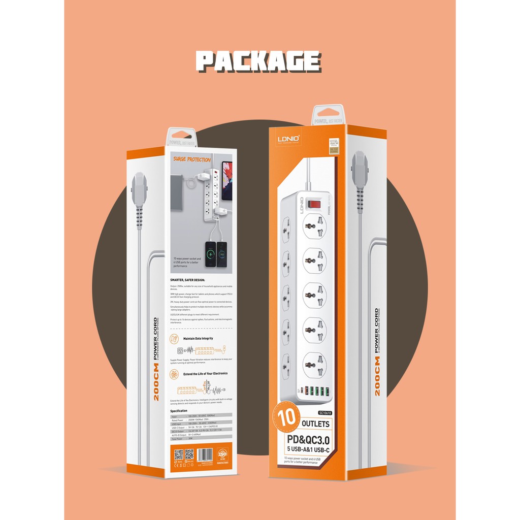 LDNIO SC10610 - Extension 10 Socket Plug + 6 USB Port 30W Max - Colokan Listrik Stop Kontak 10 Lubang &amp; 6 Port USB