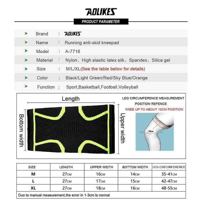 Aolikes 7718 Knee Pad Braces Elastis Nylon Sport Pelindung Lutut KneePad Deker Lutut Aolikes