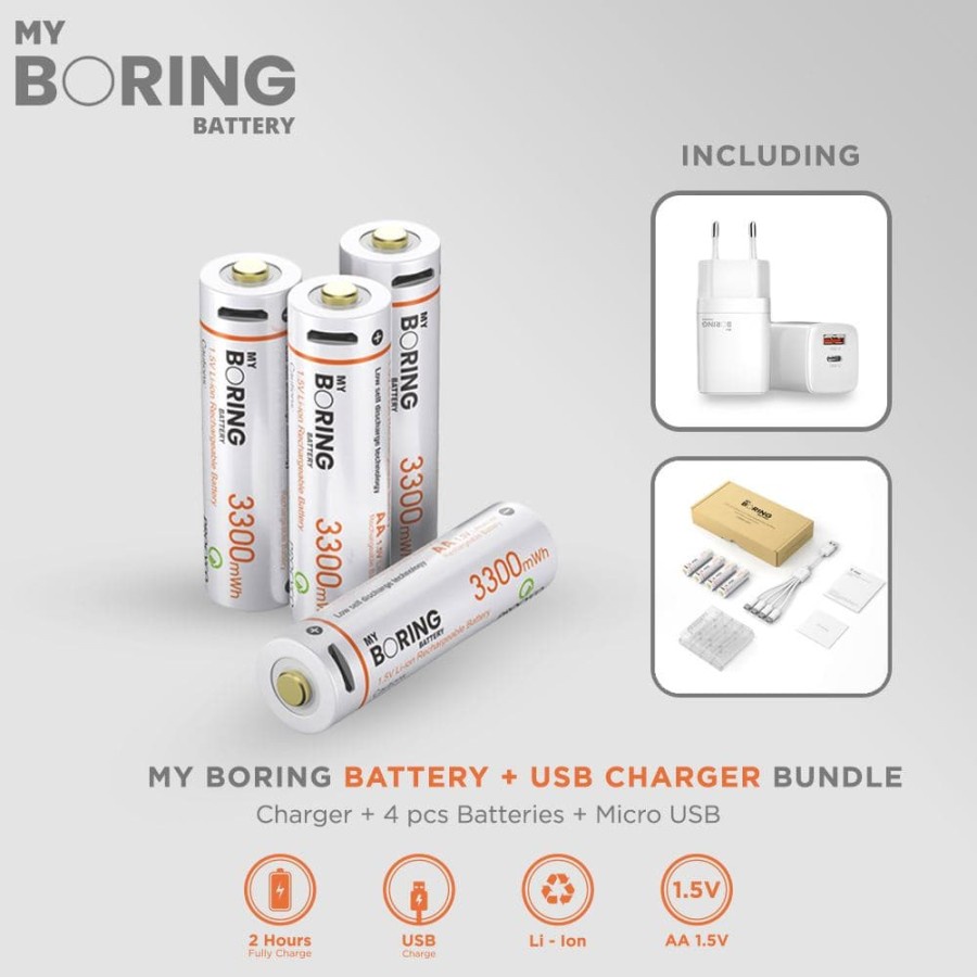 My Boring Battery USB Rechargeable AA Li-ion Baterai 1.5V +Charger 20W