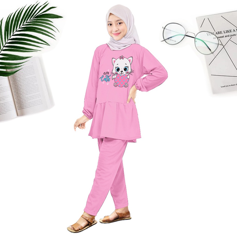 RILLO - SETELAN ANAK PEREMPUAN LENGAN PANJANG MODEL RUFFLE MOTIF CATS  USIA 9-12 TAHUN