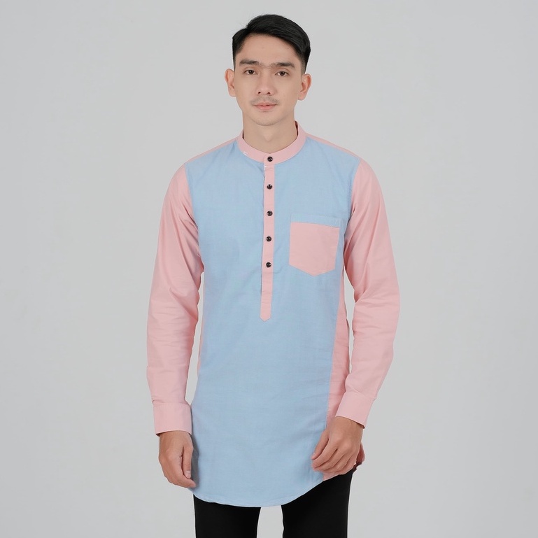 Erafez Koko Kurta Pria Pakistan Two Tone Soft Blue Kombi Soft Pink Salem