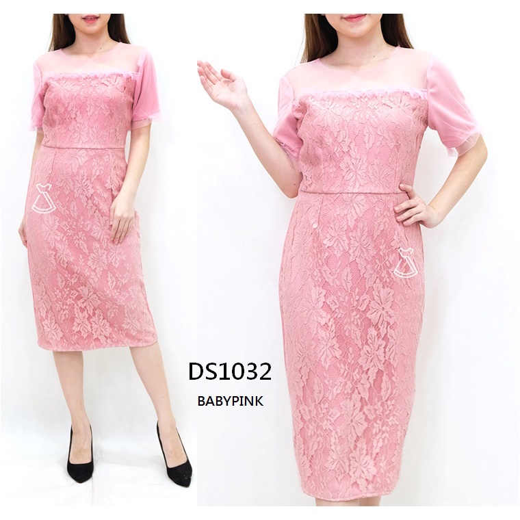 DS1032 - dress pesta brukat lace tile premium scuba sepan midi wanita elegan