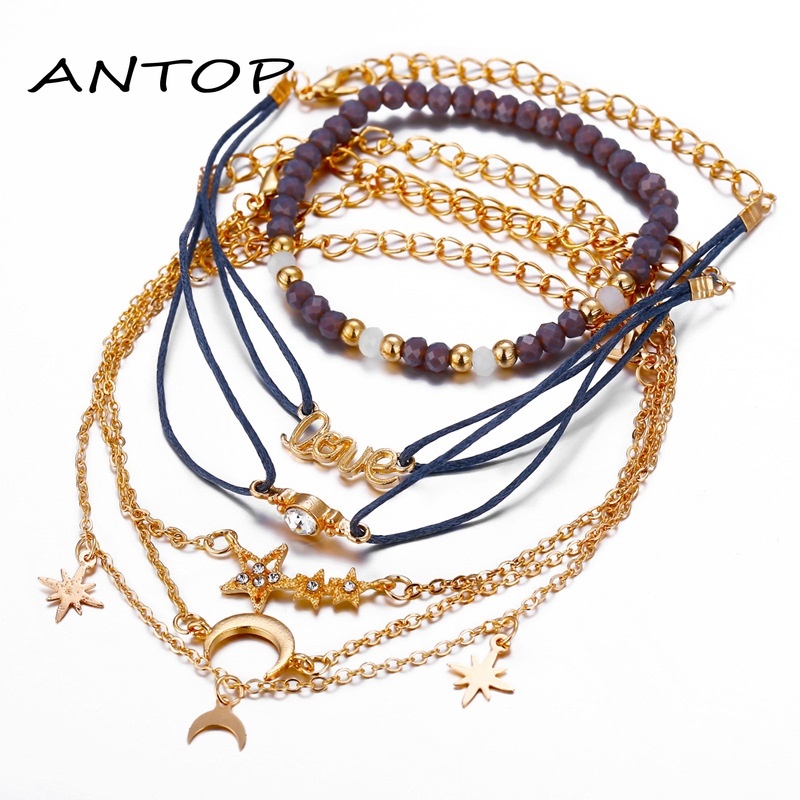 6 Pcs Retro Gelang Set Bintang Bulan Gelang Fashion Wanita Aksesoris Hadiah Teman Terbaik ANTOP