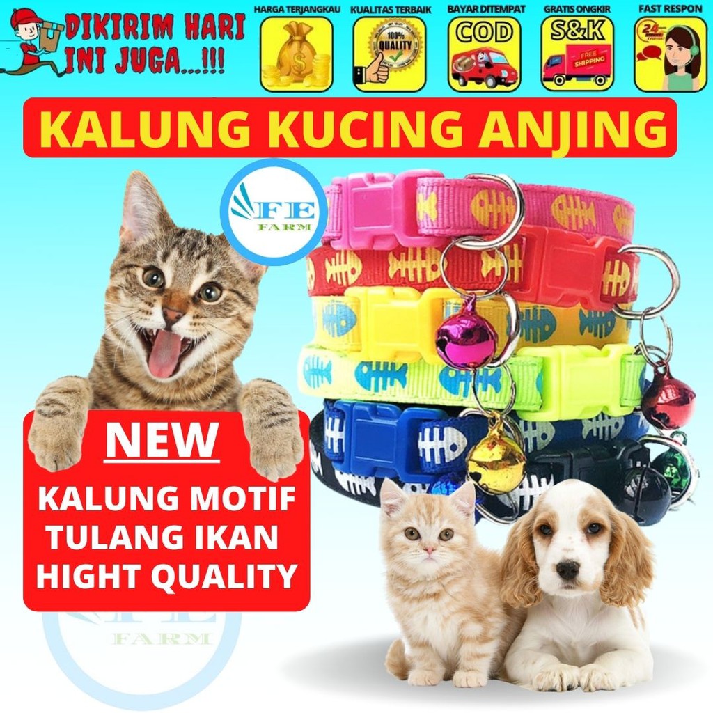 Pet collar Kalung kucing kalung anjing kelinci motif tulang ikan lonceng tali kucing lucu FEFARM