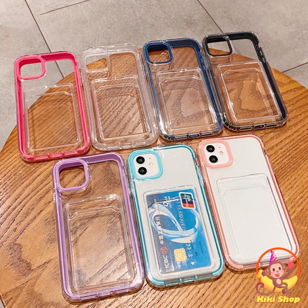 IPHONE Card Holder Heavy Duty Colorful Frame Crystal Phone Case Untuk Iphone12 11 Pro Max X Xs XR 87 Plus 3in1 Shockproof Bumper Lembut TPU Penutup Belakang