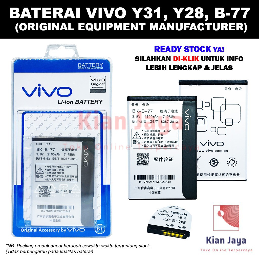 Baterai Hp Vivo Y31, Y28, B-77, B77 Original OEM Batre Batrai Battery