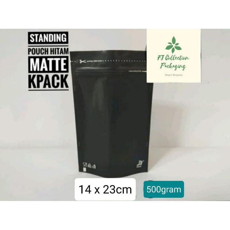 100pcs Standing Pouch Aluminium Foil Zipper Black Doff 500gram 14 x 23cm Kemasan Kopi