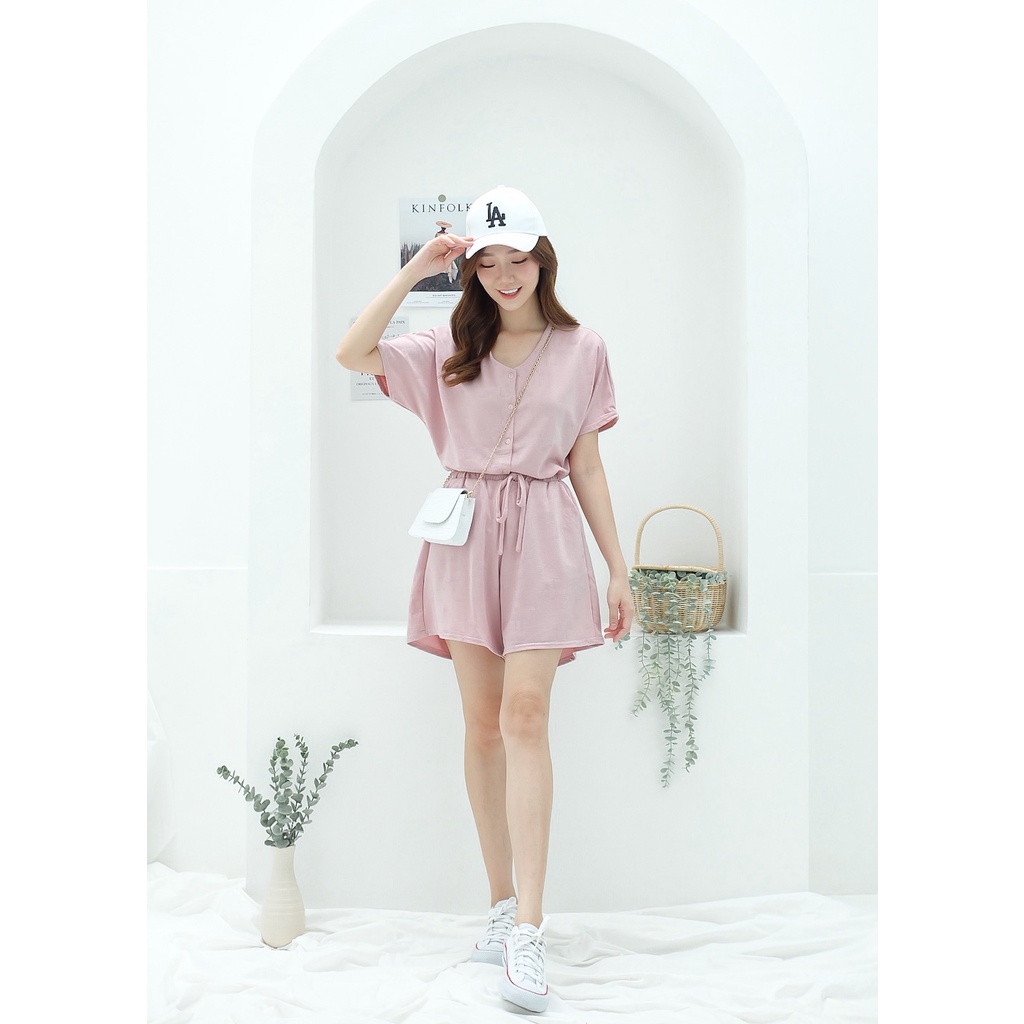COTTONBELLS CASUAL JUMPSUIT WANITA ALYA BUTTON BABY TERRY PLAID SET PANTS (GT - JS 1786)*-2