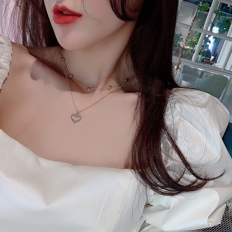 XiaoboACC Kalung Choker Multilayer Aksen Berlian Bentuk Hati Gaya Korea