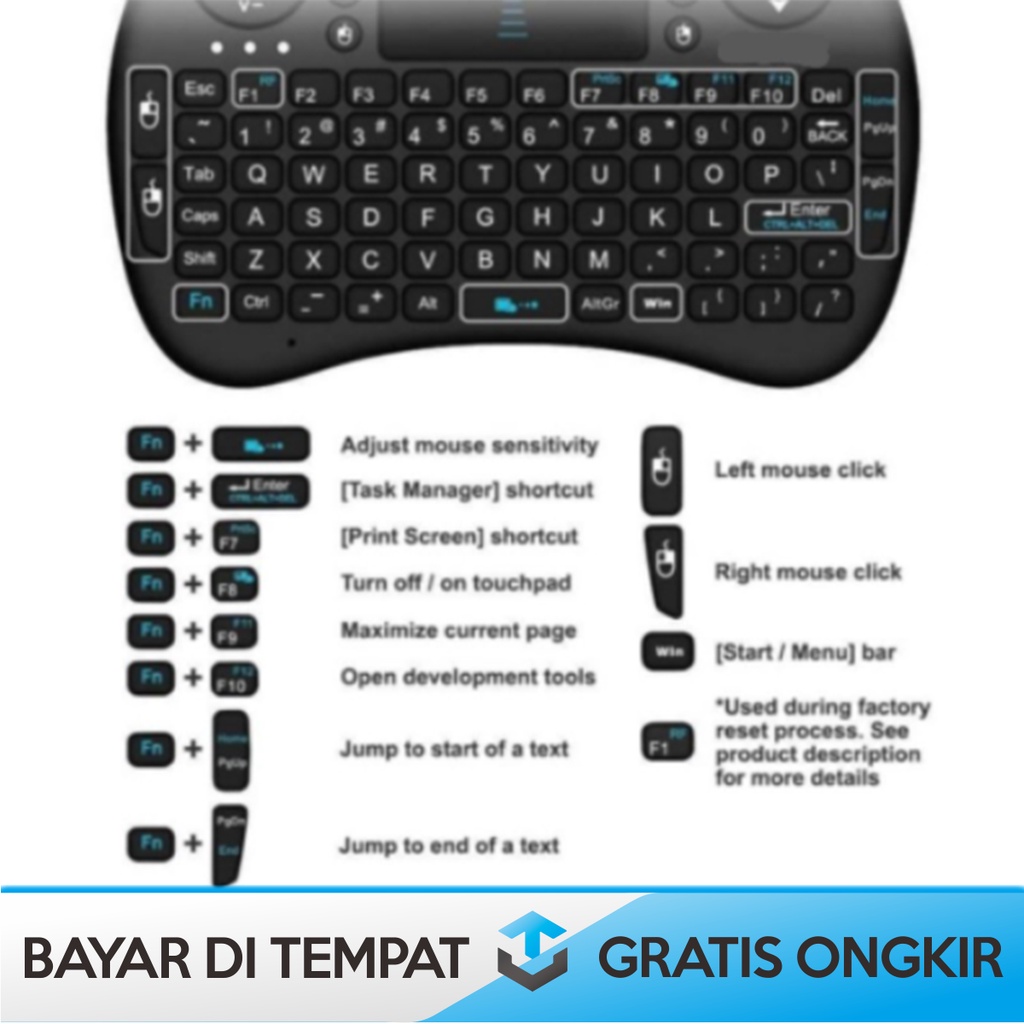 KEYBOARD WIRELESS 2.4GHz MINI DENGAN TOUCHPAD TAFFWARE I8 WARNA HITAM