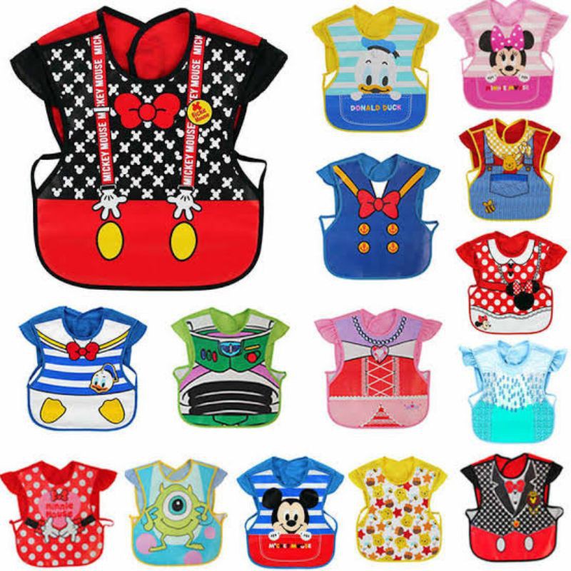 APRON CELEMEK PREMIUM TAHAN AIR BIN SLABBER BAJU SLABBER PLASTIK BAJU KANTUNG/CELEMEK MAKAN BAYI / BIBS SLABER CELEMEK MAKAN BAYI MOTIF BAJU LENGAN PENDEK KARTUN WATERPROOF MOTIF DISNEY JAKET SLABBER BAJU