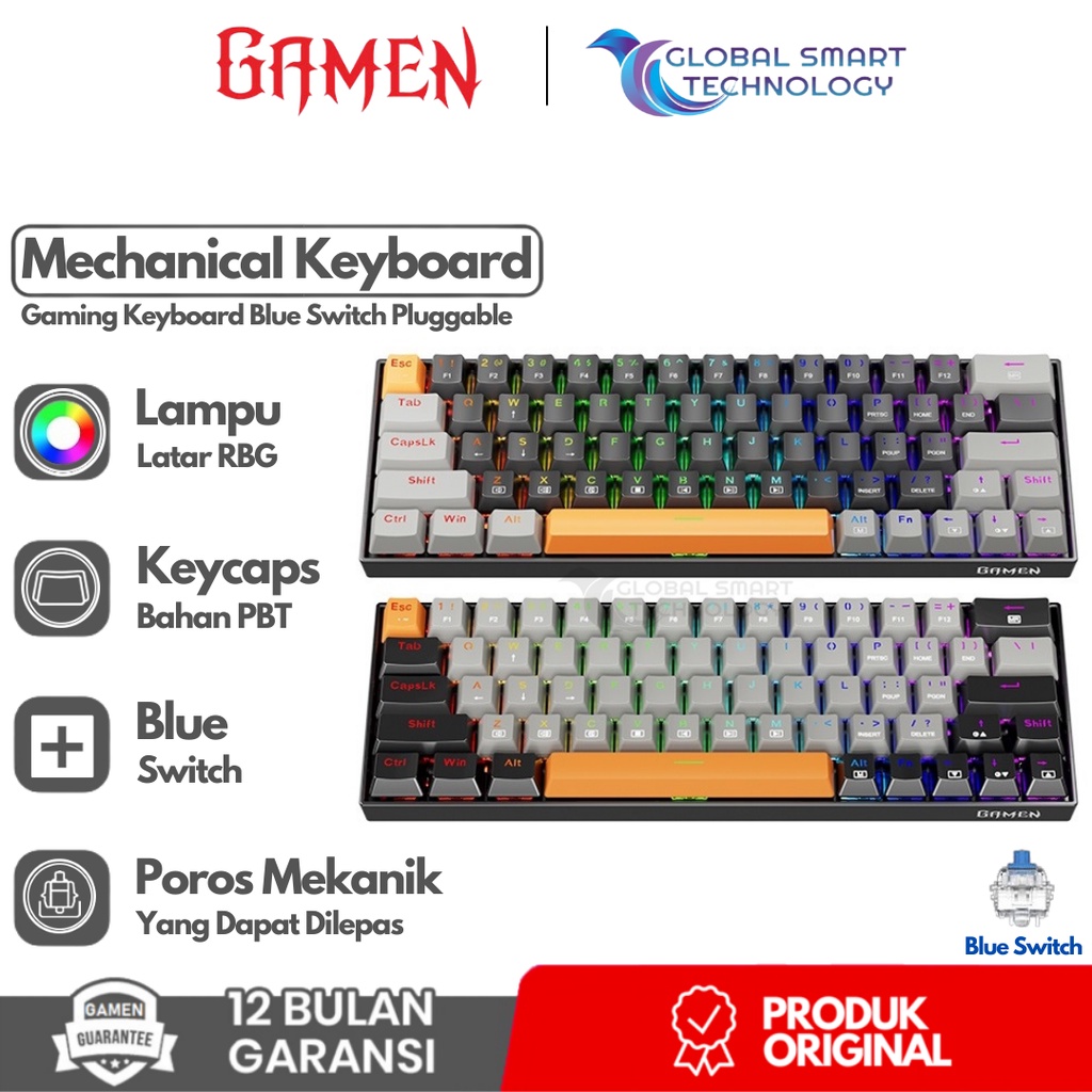 GAMEN Titan III Mechanical Pluggable Switch Blue Gaming Keyboard Wired RGB LED Light PBT Keycaps - Garansi Resmi 1 Tahun