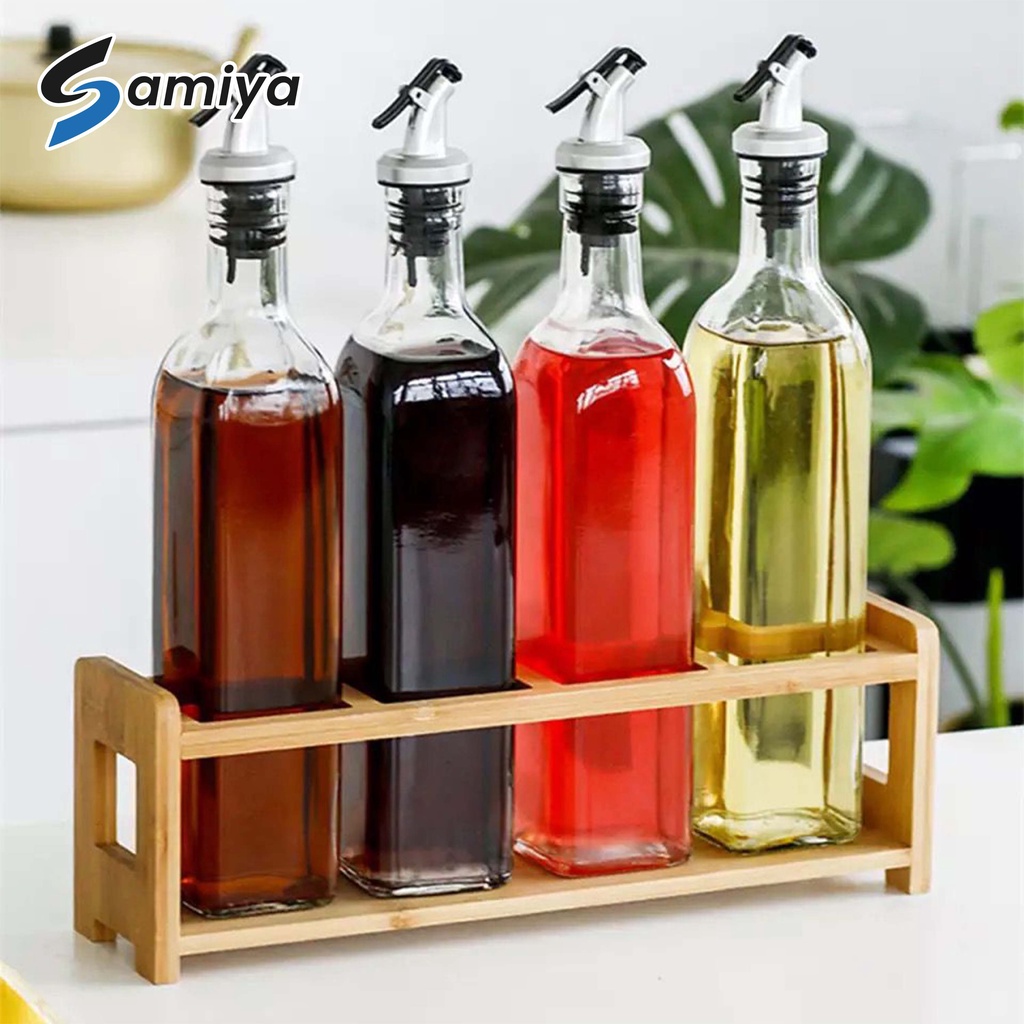 rak kayu tempat botol minyak kecap saus bumbu dapur 4slot / wooden rack oil sauce bottle square round 4 hole