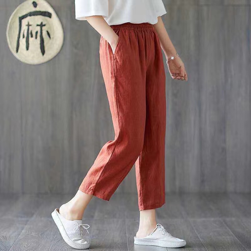 Promosi!Ready M-4XL Celana Dipotong Wanita Katun Linen Soft Warna solid Longgar Harem Women Casual Pants