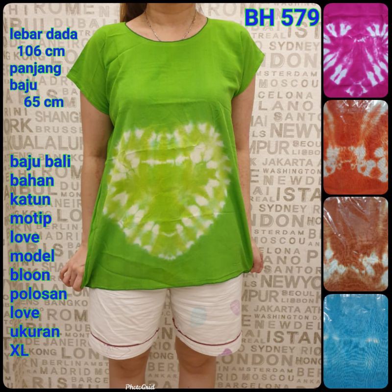 BH 579 baju Bali bahan katun bagus ukuran XL motip love putih dasar warna model bloon