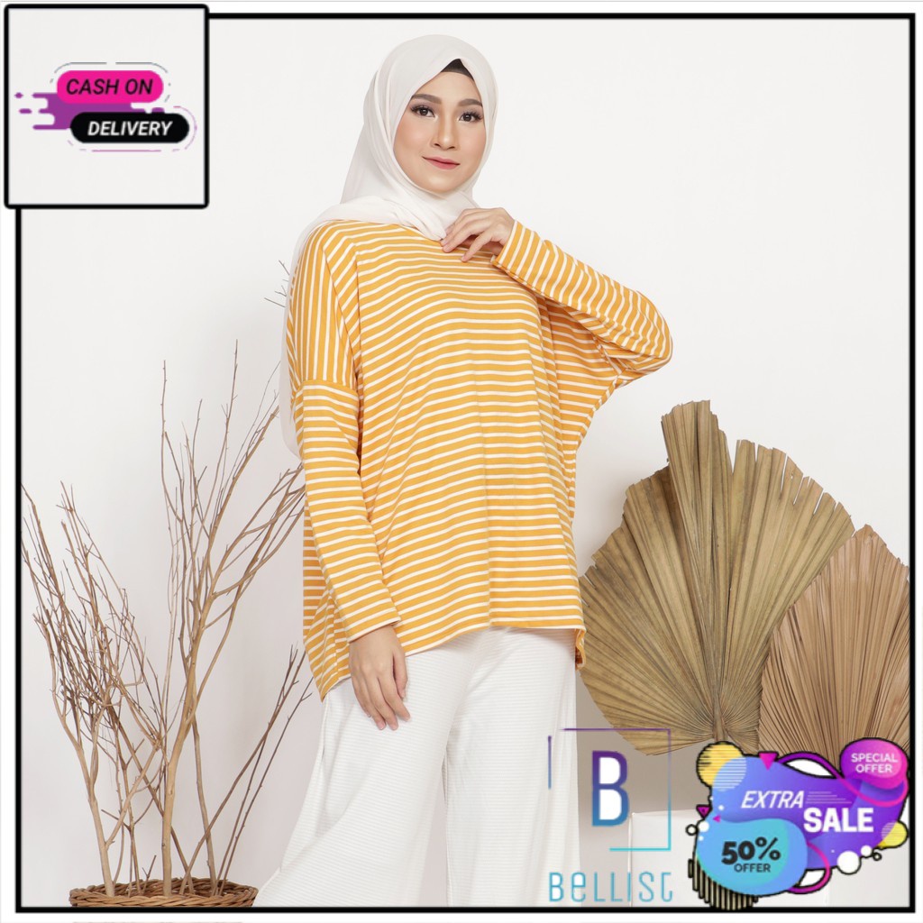 Bellist Pakaian wanita baju atasan muslim cewek kekinian model korea terbaru motif strip orange putih over size bayar di tempat
