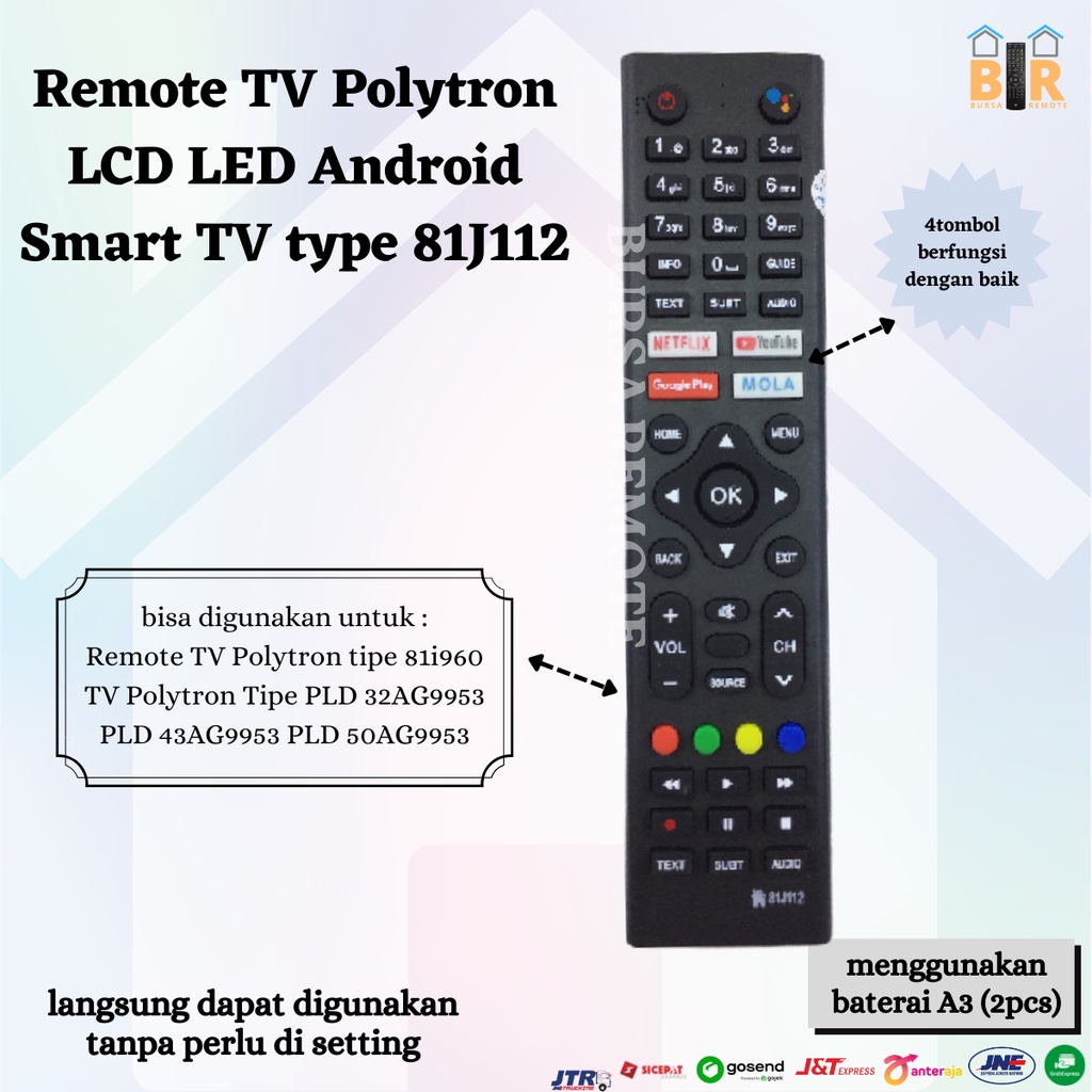 Remot / Remote Smart TV Polytron LCD LED Android  type 81J112 android Smart youtube netflix mola tv