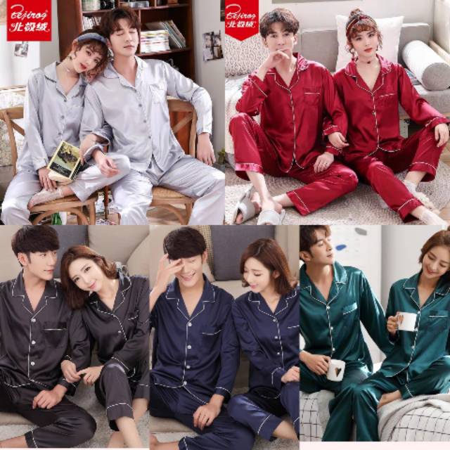 Stelan pp piyama baju tidur couple satin polos