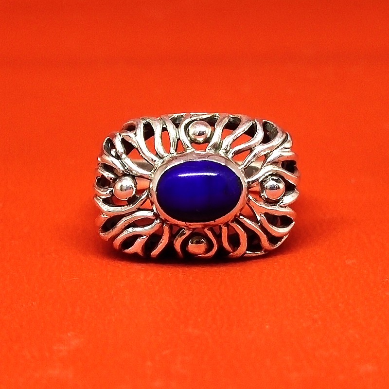 Cincin Ring Perak Silver Bali Asli 925 Permata Batu Lapis Lazuli Ukir Jaring Jawan Pria Laki Wanita