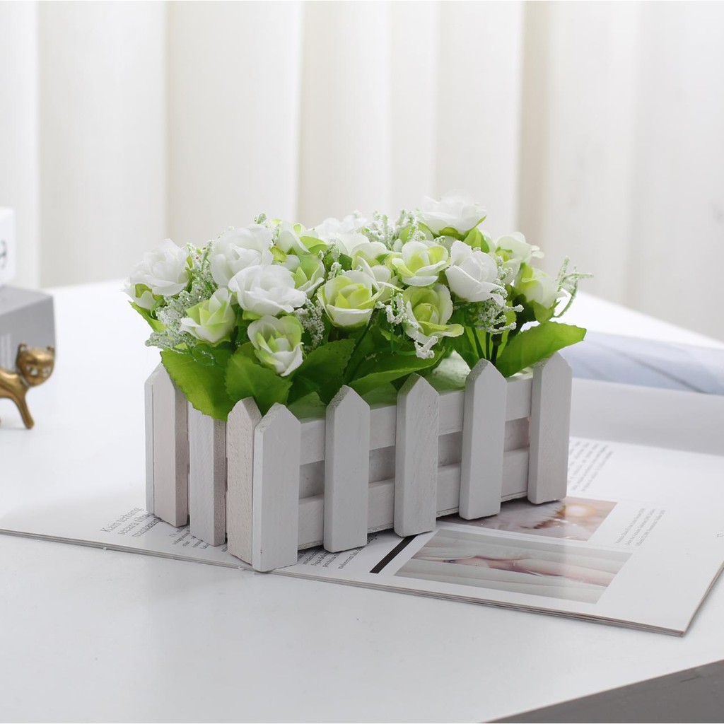 AM317 Bunga Plastik/Bunga Plastik Mawar Pot Bentuk Pagar/Bunga Dekorasi-Putih