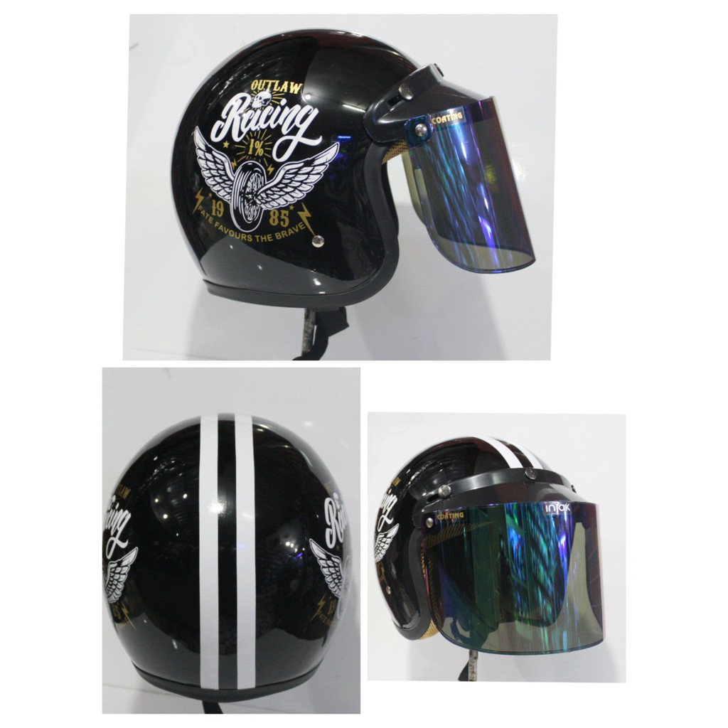 helm bogo motif kaca flat pelangi/croom iredium-racing hitam