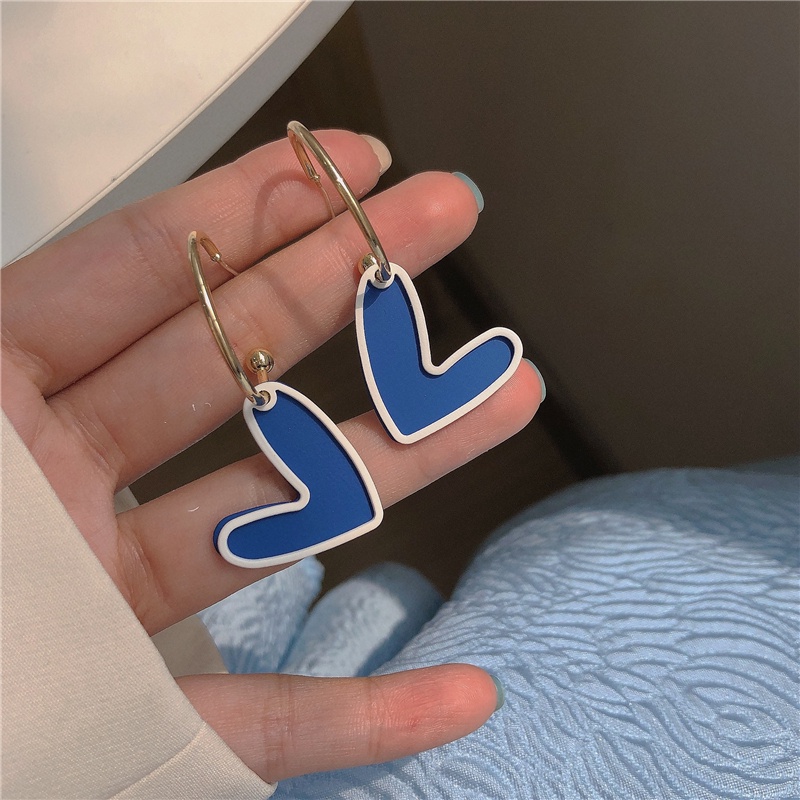 Anting Kait Gantung Desain Hati Warna Biru Gaya retro Untuk Wanita