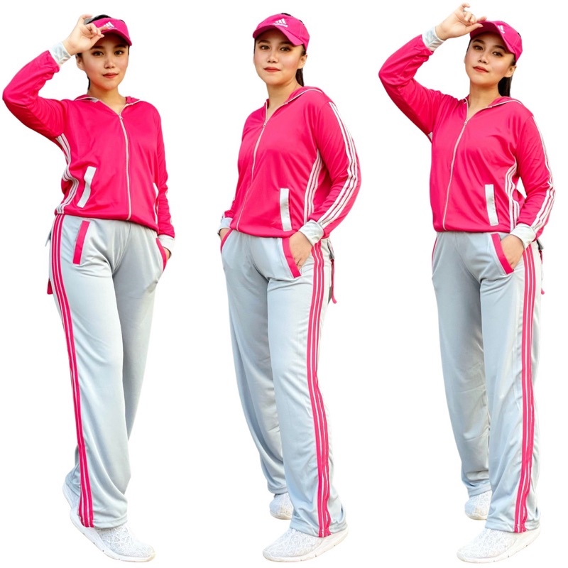 Baju Olahraga Setelan Training Pink Abu Set Panjang Hijab Muslim Stelan Gowes Gym Fitness Running Jo