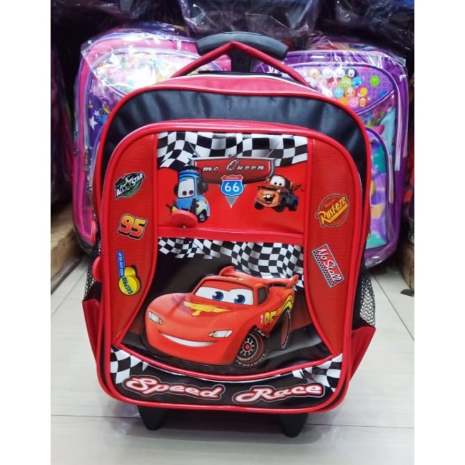 PROMO Tas Roda Dorong Trolley Anak Laki Laki TK Gambar Cars Mobil Merah Soft Timbul 3 Kantung