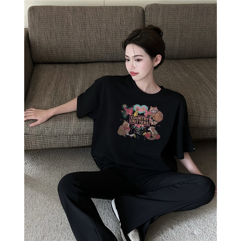 Printed T-shirt/2 warna sablon busana korea atasan kaos lengan pendek longgar untuk wanita/atasan wanita warna putih/
