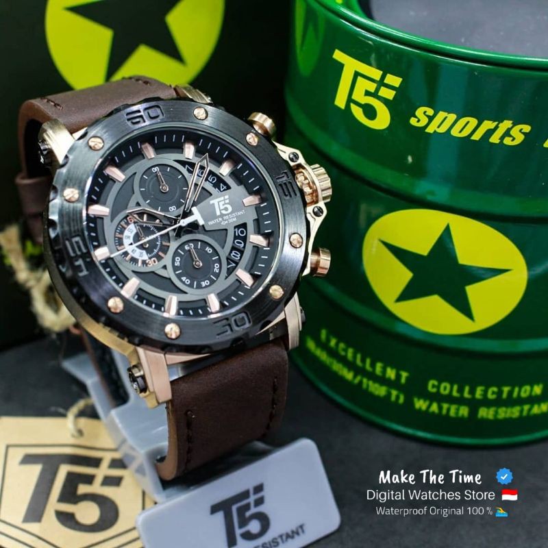 Jam Tangan Pria T5 3641 Chronograph dan Tanggal Aktif Strap Kulit Original Waterproof