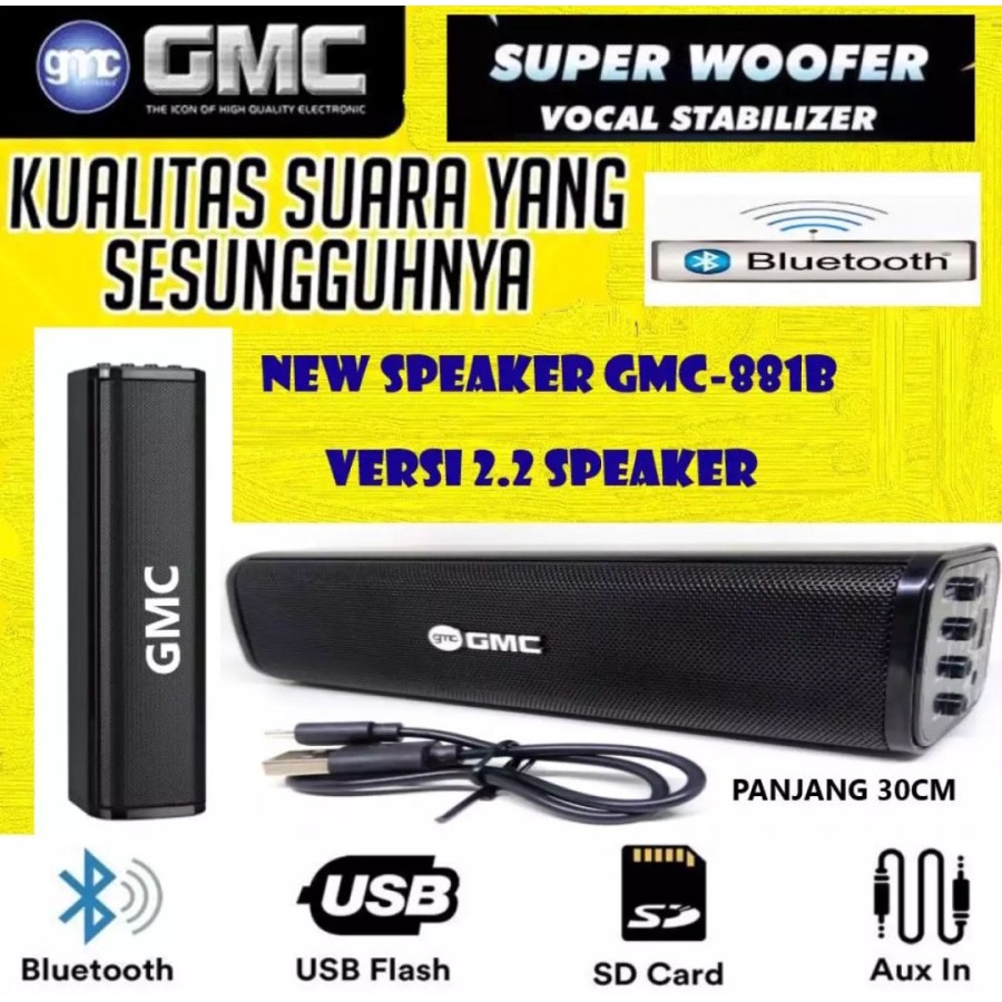 COD SPEAKER BLUETOTH X-BASS GMC 881B//SPEAKER ORIGINAL GMC 881B SUPER BASS FM RADIO USB MEMORY CARD AUX X-BASS