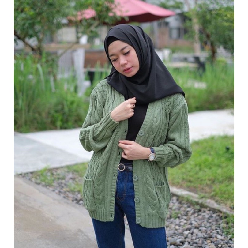 CABLE CARDY kardigan rajut kepang jumbo wanita panjang cardigan kancing oversize tebal terbaru impor-MINT