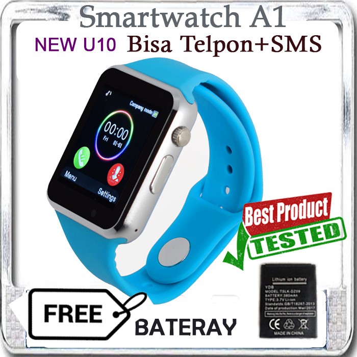 SMART WATCH A1 / Jam HP U10 Blue Biru Bonus Baterai Smartwatch
