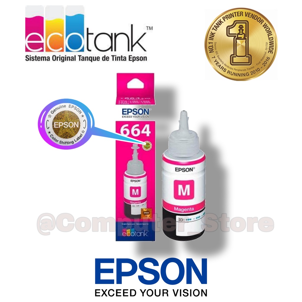 Epson Ink Bottles T664 Colour Magenta | 664 Tinta Botol Printer Warna Merah Untuk Printer Epson Seri L210, L200, L110, L100, L220, L300, L310, L350, L355, L360, L365, L380, L385, L1300, L1455 -Geniune Product